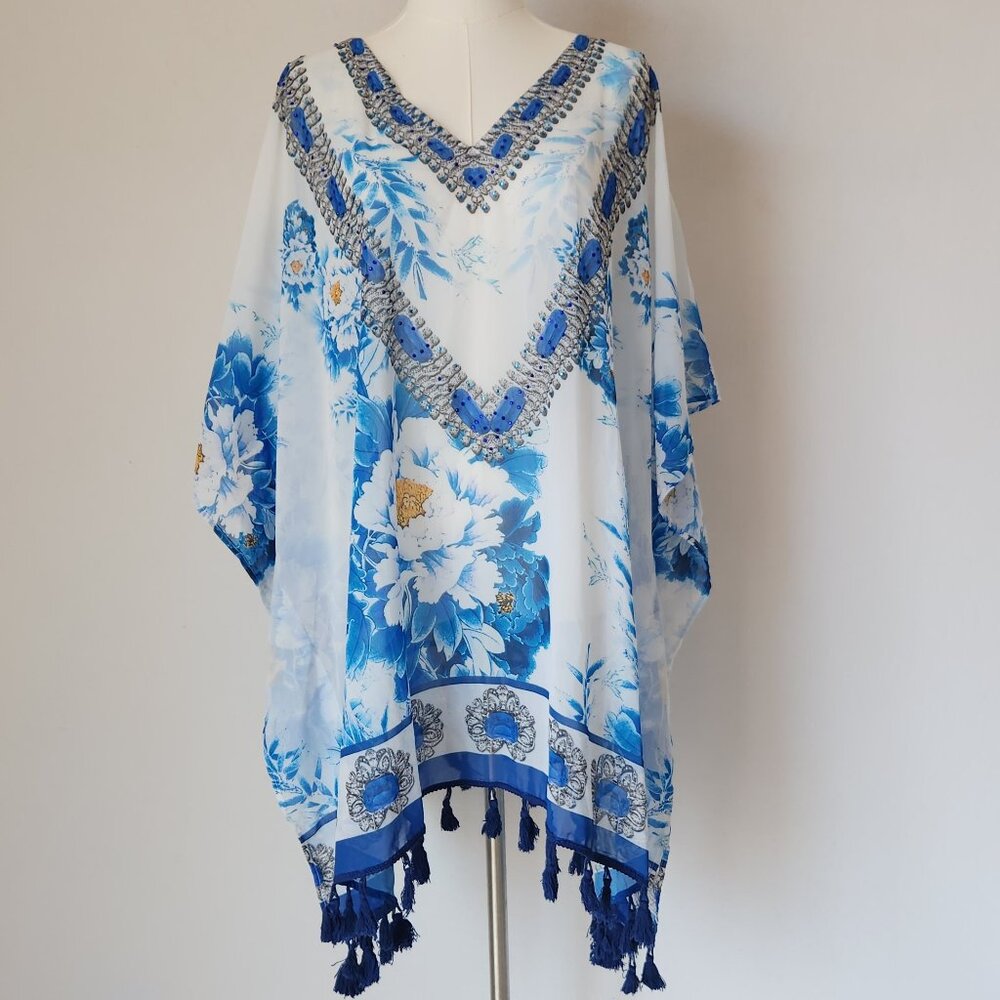 ASA Kaftans Beaded Jewel Caftan Top Tassel-Hem V-Neck Chiffon Blue White